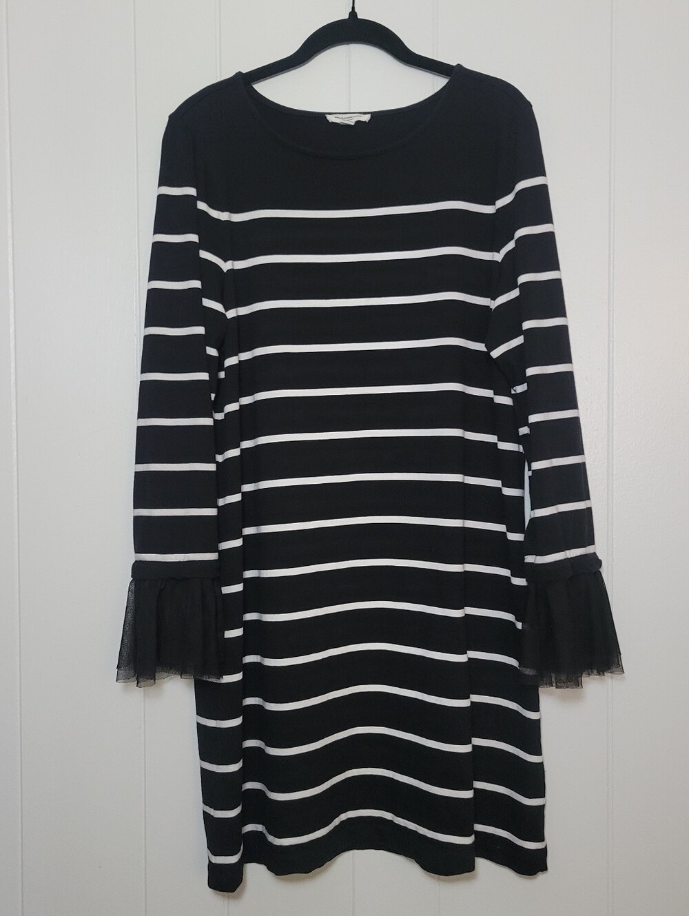 Beachlunchlounge Striped Shift Dress Chiffon Bell Cuffs Black White Preppy XL